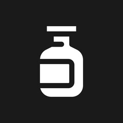 Medication bottle dark mode glyph ui icon. Drug package. Liquid remedy. User interface design. White silhouette symbol on black space. Solid pictogram for web, mobile. Vector isolated illustration