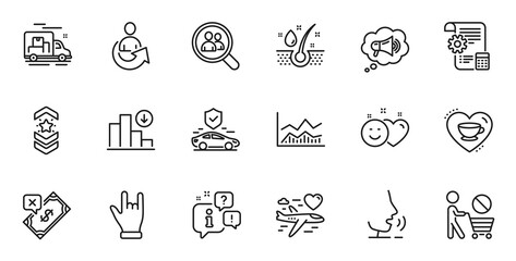 Outline set of Rejected payment, Settings blueprint and Stop shopping line icons for web application. Talk, information, delivery truck outline icon. Vector