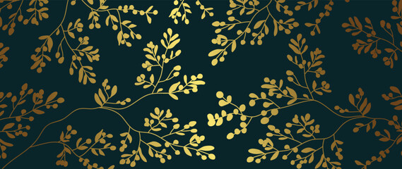 Luxury gold foliage on dark background vector. Botanical wallpaper with leaf branches, leaves, berry, flowers, tree branch. Elegant natural illustration design for cover, banner, prints, invitation.