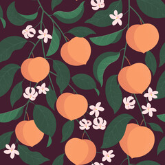seamless pattern with peach branches with leaves and flowers on dark background - 532183993