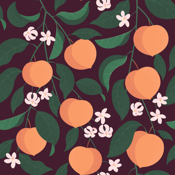seamless pattern with peach branches with leaves and flowers on dark background