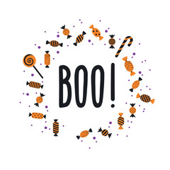 Fototapeta premium Text Boo! surrounded by sweets. Composition for Halloween. Vector illustration