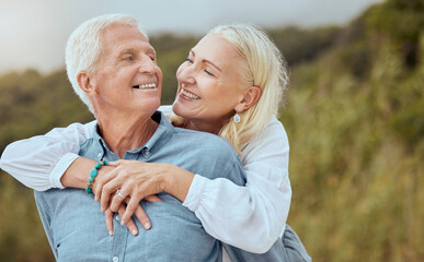Love, happy and senior couple hug, relax or enjoy quality time together in nature countryside for...