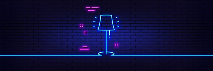 Neon light glow effect. Stand lamp line icon. Floor light sign. Interior illuminate symbol. 3d line neon glow icon. Brick wall banner. Stand lamp outline. Vector