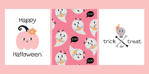 Cute little pumpkin and scull. Halloween kids print and pattern. Hand drawn funny vegetable with flowers, t-shirt decor. Autumn holiday card or poster. Lettering phrase vector cartoon set