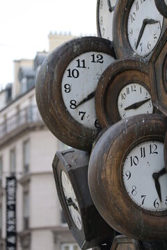 Paris, France - 20.07.2021 : The Clocks by Arman, clock sculpture at Saint Lazare railway station in Paris