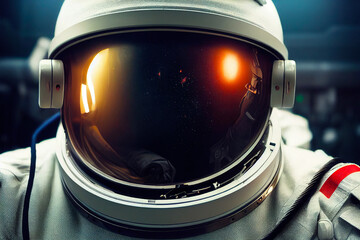A close up realistic image of an astronaut and helmet on a spaceship. Sci-fi space exploration concept. Mars mission. 3D illustration.
