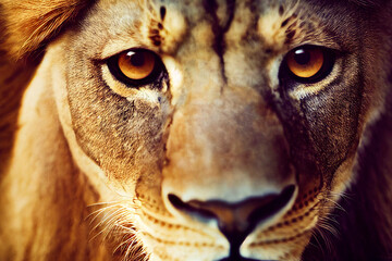 Lion face. Wild African lion looking forward.  - Powered by Adobe