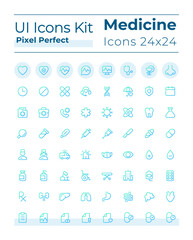 Medicine related pixel perfect gradient linear ui icons set. Healthcare. Hospital and clinic. Line contour user interface symbols. Modern style pictograms. Vector isolated outline illustrations