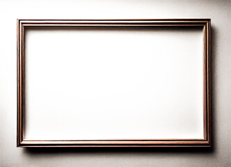 Simple wooden empty decorative frame, hanging on a wall, for design and mockup of painting gallery or art photography exhibition