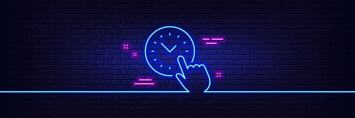 Neon light glow effect. Time management line icon. Clock sign. Watch symbol. 3d line neon glow icon. Brick wall banner. Time management outline. Vector