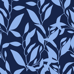 Trendy abstract blue floral repeat pattern. Botanical fashion wallpaper. Vector illustration