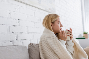 young woman in sweater sitting covered in blanket with cup of tea in living room. - Powered by Adobe