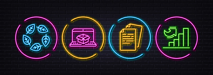 Fototapeta na wymiar Online delivery, Organic tested and Documents minimal line icons. Neon laser 3d lights. Growth chart icons. For web, application, printing. Vector