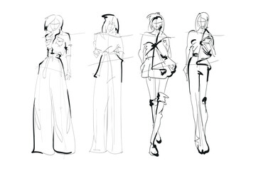 Set of young beautiful women in stylish clothes. Fashion sketch.