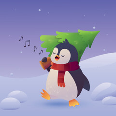 a penguin with a Christmas tree in a scarf walks and sings a song.Postcard for New Year and Christmas. vector illustration.