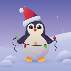 funny penguin with a garland in a santa hat. Postcard for New Year and Christmas. vector illustration.