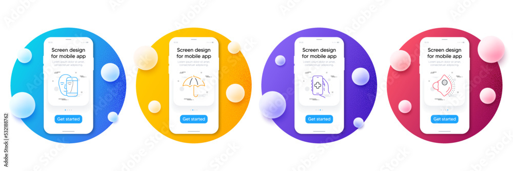 Wall mural minimal set of face biometrics, umbrella and health app line icons for web development. phone ui int