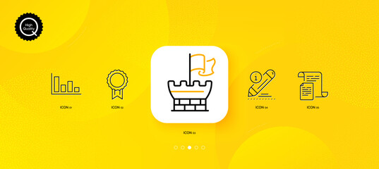 Fototapeta na wymiar Reward, Edit and Histogram minimal line icons. Yellow abstract background. Shield, Documents icons. For web, application, printing. Best medal, Drawing pencil, Economic trend. Safe secure. Vector