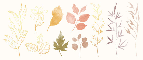Collection of botanical elements in watercolor. Set of autumn wild flowers, maple, branches, leaves, eucalyptus, leaf. Hand drawn of luxury fall foliage vectors for card, print, graphic, decorative. - obrazy, fototapety, plakaty