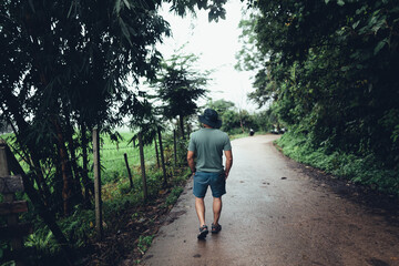 Green rice terraces and huts in the rainy season