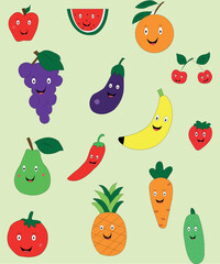vector set of fruits, clipart for kids with kawaii face, cartoon vegetables for children