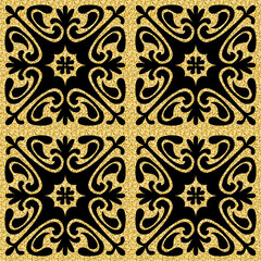 Glitter gold seamless arabesque pattern, shimmer shining arabic background for textile and wrapping paper