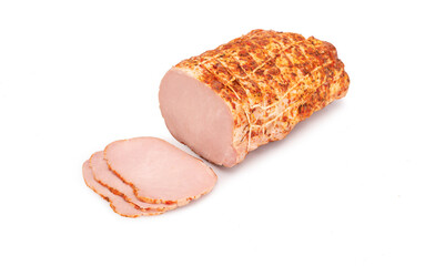 Smoked pork loin - in one piece and sliced, isolated on a white background. Polish cold cuts, a packshot photo.
