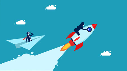  New innovations. Businesswoman piloting a rocket wins a competitor. vector illustration eps