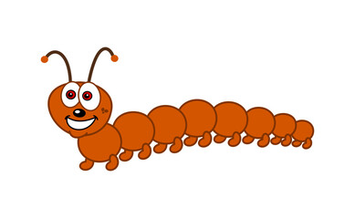 Smiling orange color caterpillar walking with these little paws on a white background