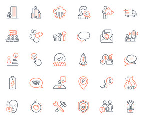 Business icons set. Included icon as Online voting, Quickstart guide and Battery charging web elements. Cloud storage, Checkbox, Truck delivery icons. Text message, Rocket. Vector