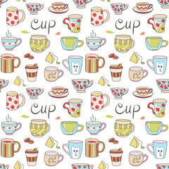 vector seamless pattern on the fun cups for tea and coffee