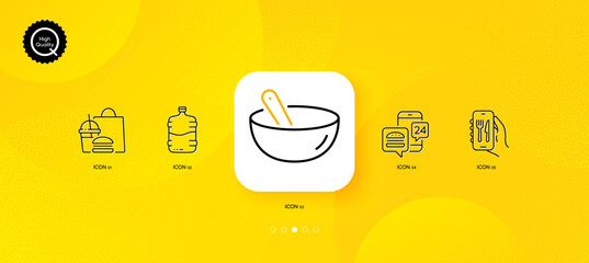 Cooking mix, Food app and Cooler bottle minimal line icons. Yellow abstract background. Fast food, Restaurant app icons. For web, application, printing. Bowl, Meal order, Water drink. Vector