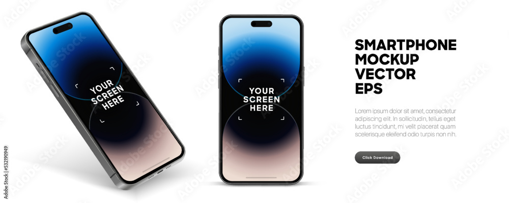 Poster 3D realistic high quality smartphone mockup with isolated background. Smart phone mockup collection. Device front view. 3D mobile phone with shadow on white background.