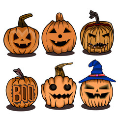 set of pumpkins, halloween, horror ,cartoon,character illustration,orange,child,gift,fun,festival,Background.