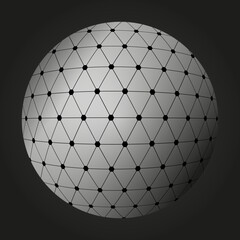 Sphere with connected lines. Global digital connections. Wireframe illustration. Black and white abstract 3d grid design. Colorless vector illustration. Isolated