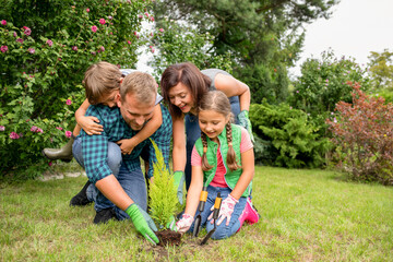 Cheerful family planting tree together in their backyard garden