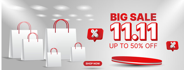 11.11 sale banner design template with 3d podium in red, white and orange color