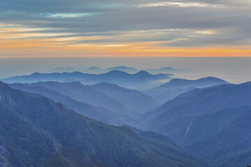 Fototapeta premium Landscape View Of The Holy Ridge At Twilight On The Peak of Pintian Mountaion, Wuling Quadruple Mountains Trail, Shei-Pa National Park, Taiwan