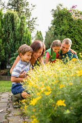 Fototapeta premium Happy family in garden looking at plants on sunny day