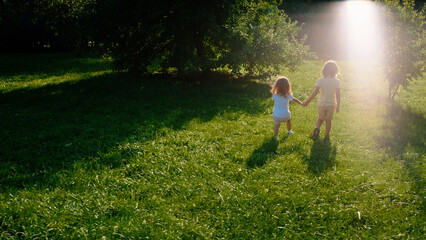 Charismatic brother and sister walking through the grass in the middle of park in a sunny day