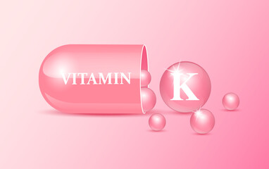 Capsule vitamin K structure pink and white with circular bubbles flowing out. Beauty concept. Personal care. 3D Vector Illustration. transparent capsule pill. Drug business concept.