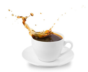 Cup with saucer with splash of coffee. Levitating drink. Isolated on white background