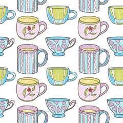 vector seamless pattern on the fun cups for tea and coffee