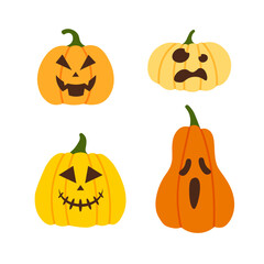 Scary and funny Halloween pumpkin faces and grimaces. Hand drawn pumpkins. Vector illustration isolated.	