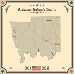 Large and accurate map of Autauga county, Alabama, USA with vintage colors.