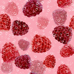 Seamless pattern of red ripe juicy raspberry and little flying soap bubbles on pink background. Hand drawn watercolor.