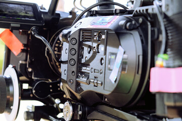 Obraz premium detail of Video camera , film crew production, behind the scenes background