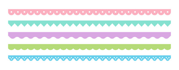 A set of pattern border line graphic illustrations in a combination of cute, colorful, abstract, geometric shapes. Lace, wave-shaped border.