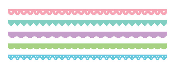 A set of pattern border line graphic illustrations in a combination of cute, colorful, abstract, geometric shapes. Lace, wave-shaped border.